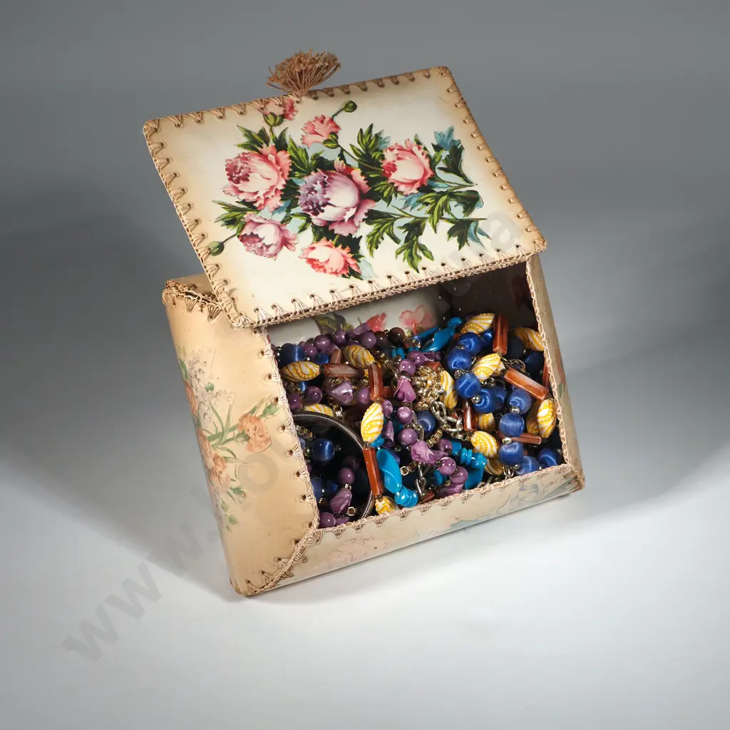 Assorted Costume Jewellery in Trinket Box w Laminated Floral Card & Stitched Detailing Around the Edges. Image 1++