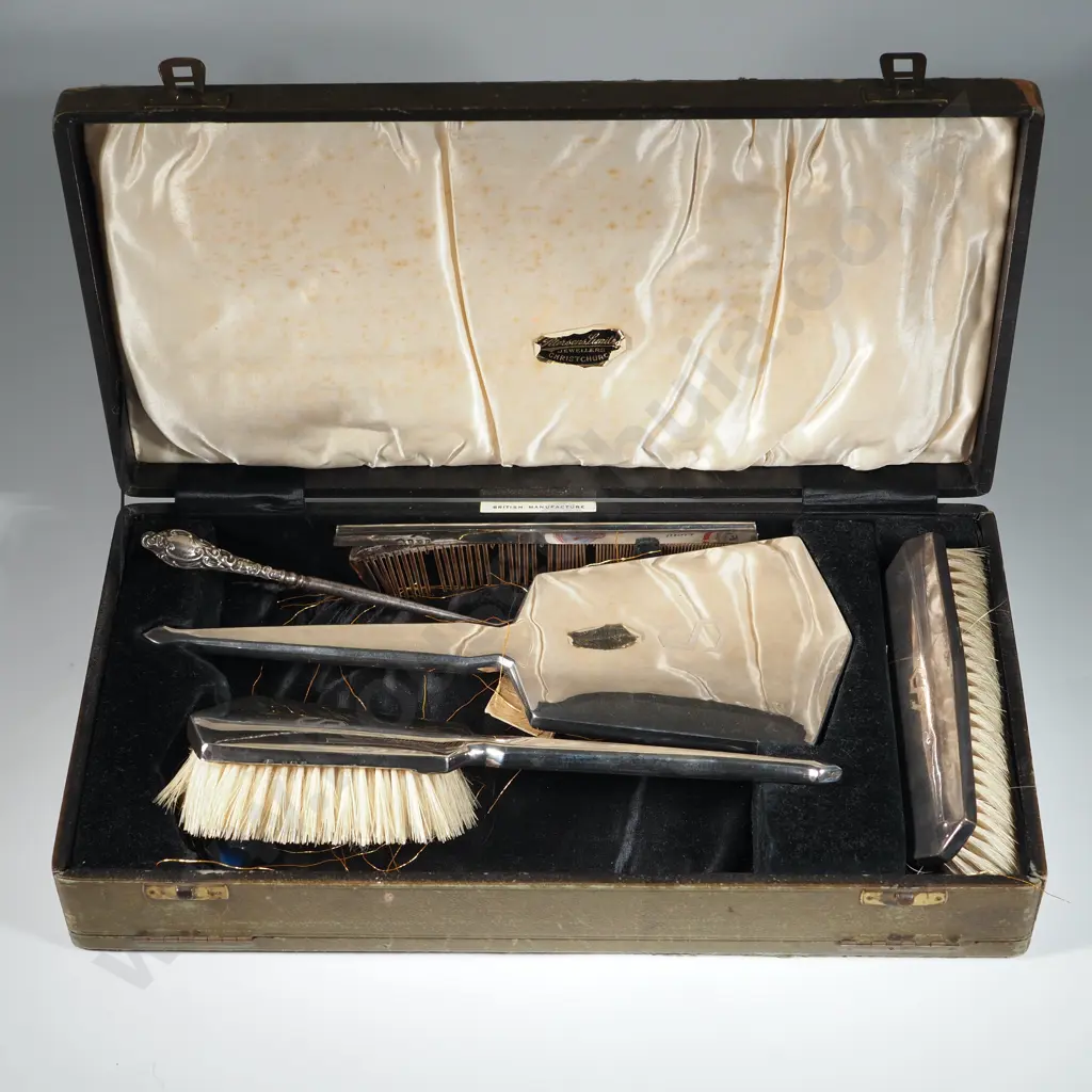 Lot of a Boot Hook & A Box Set of Art Deco Sterling Silver Hand Mirror, Hair Brush, Clothes Brush & Comb. Image 1++