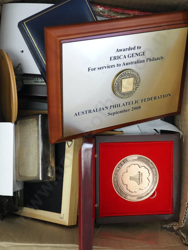 Large Quantity of Stamp Collection Awards incl. Plaques, Medals, Coasters & A Silver Plate Box. Image 1++