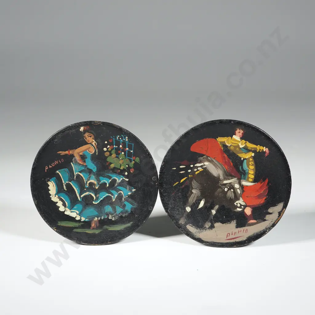 Pair of Wooden Hand Painted Disks of a Flamenco Dancer & Matador. Image 1++