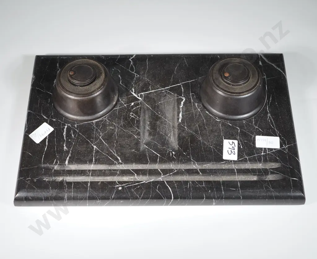 Art Deco Black Veined Marble Desk Set w Twin Inkwells & Desk Set. Image 1++