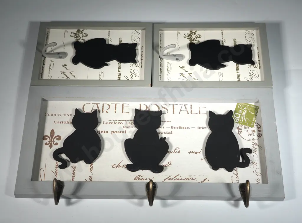 Three Decorative Coat Hooks w Grey Frames & Black Cat Silhouettes. Image 1++