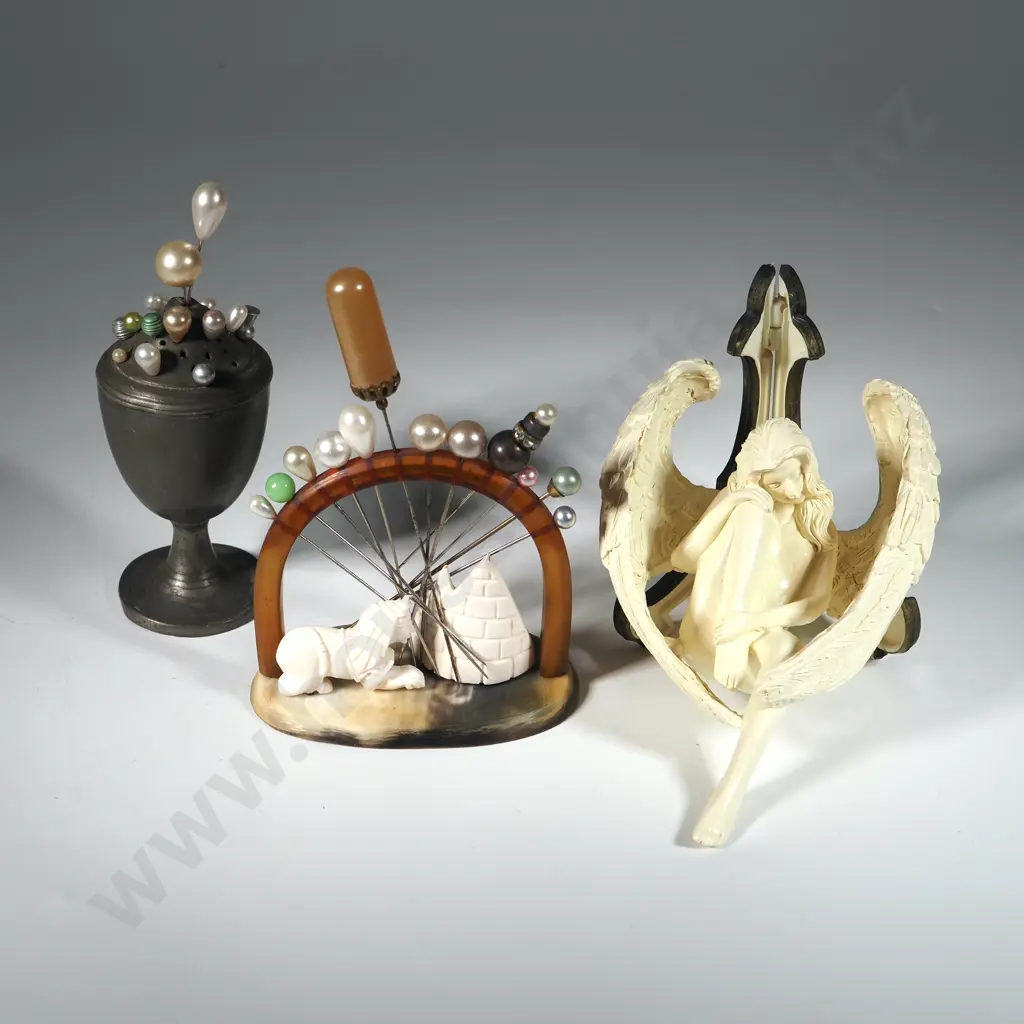 Two Vintage Hat Pin Holders w Hat Pins, & Resin Figure on a Display Stand. Image 1++