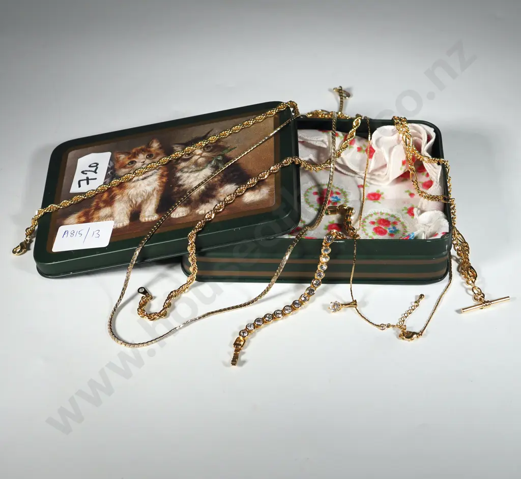 Tin Box w Assorted Lot of Gold Plated Chains & Tennis Bracelet With White Stones.. Image 1++