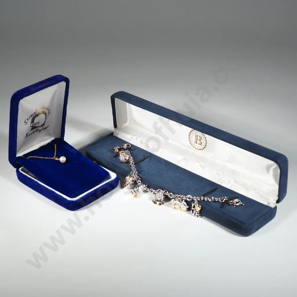 Costume Jewellery Charm Bracelet w Cat Charms &  Japanese Pearl Necklace. Image 1++