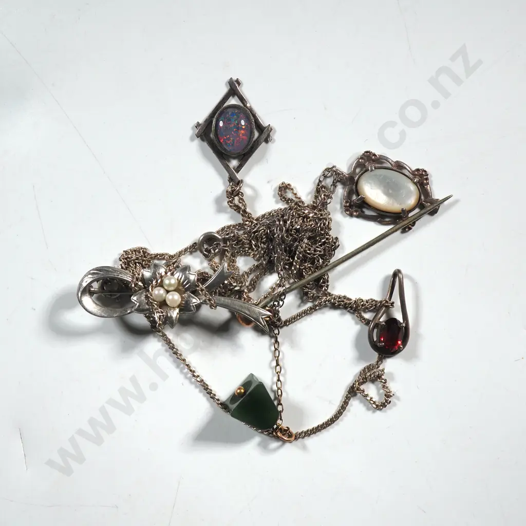 Collection of Sterling Silver Pendant, Pearl & Sterling Silver Brooch & A Greenstone Tie Pin. Image 1++