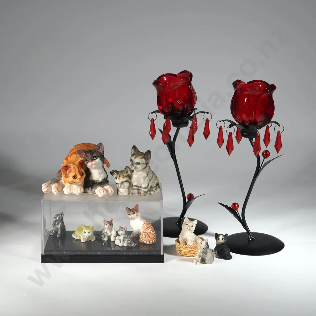 Five Case Cat Figurines, Two Metal Candle Holders,& A Collection Of Small Cat Figurines  Image 1++
