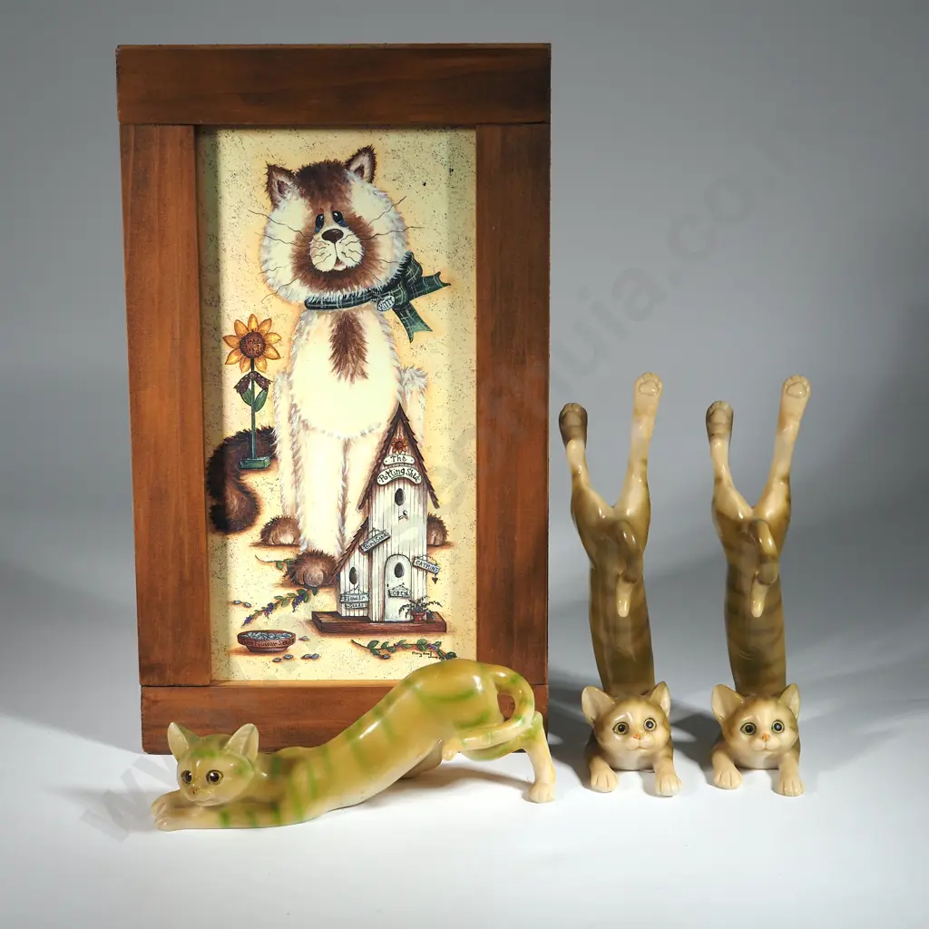 Three Striped Yellow/Green/Brown Resin Cat Figurines. Image 1++