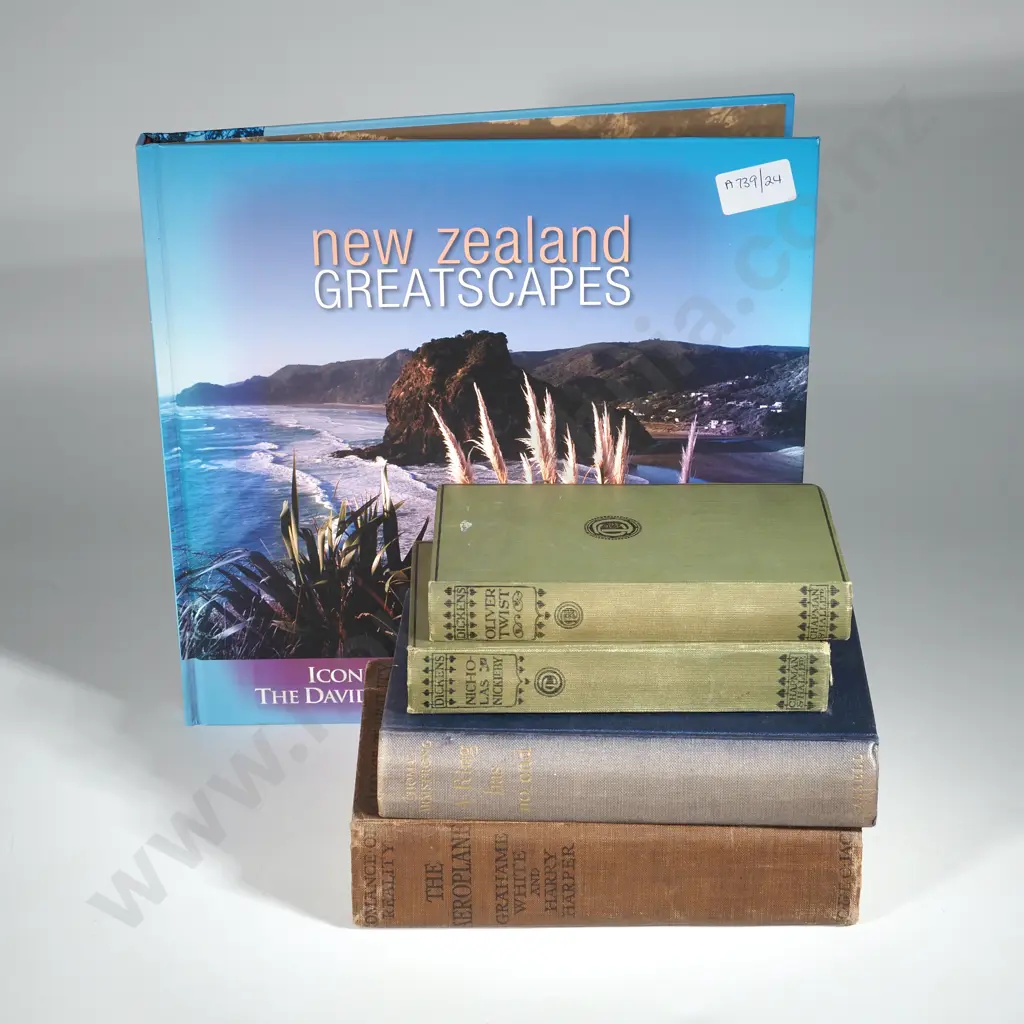 Quantity of Books Including New Zealand Greatscapes By David Kerr, Charles Dickens Three Books The Popular Edition Image 1++