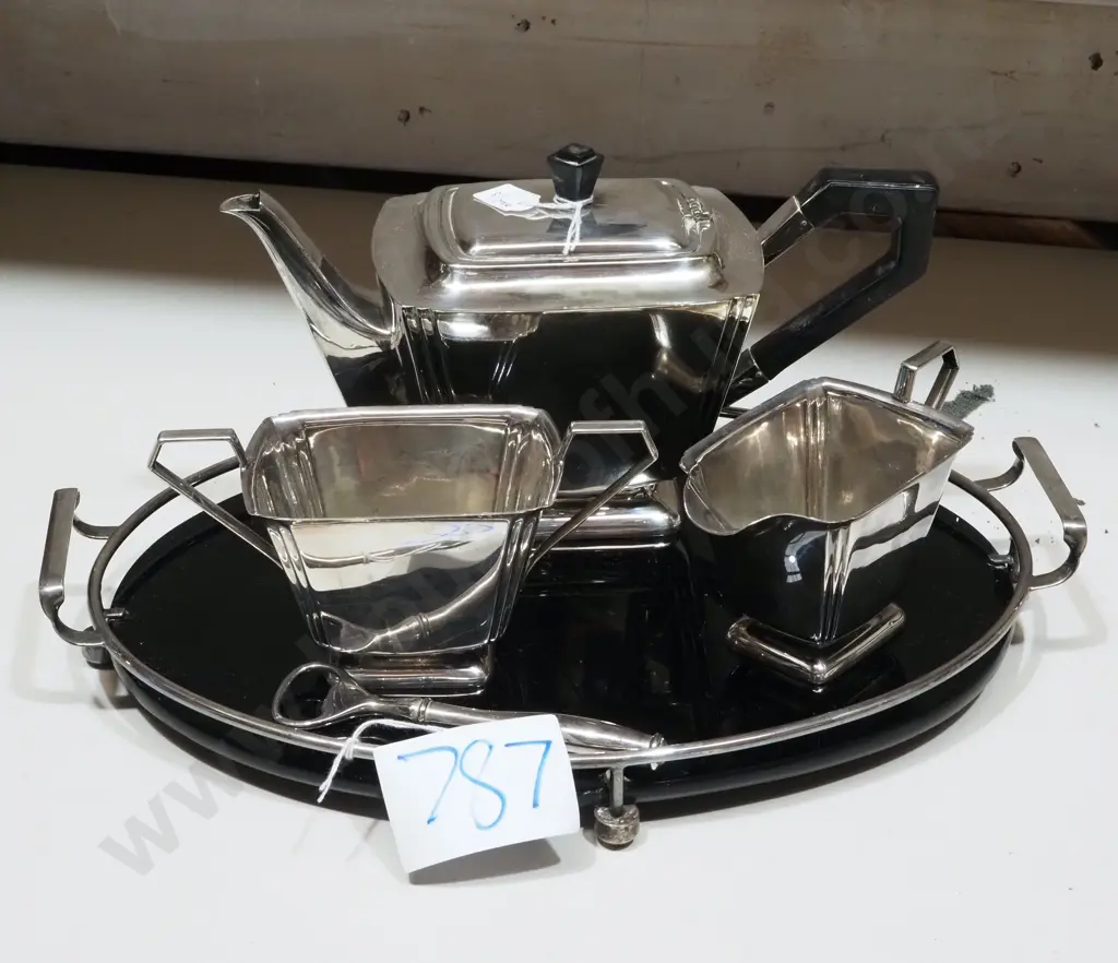 Art Deco Vitreous Black Glass Oval Tray & A Three Piece Art Deco Silver Plated Tea Set Image 1++