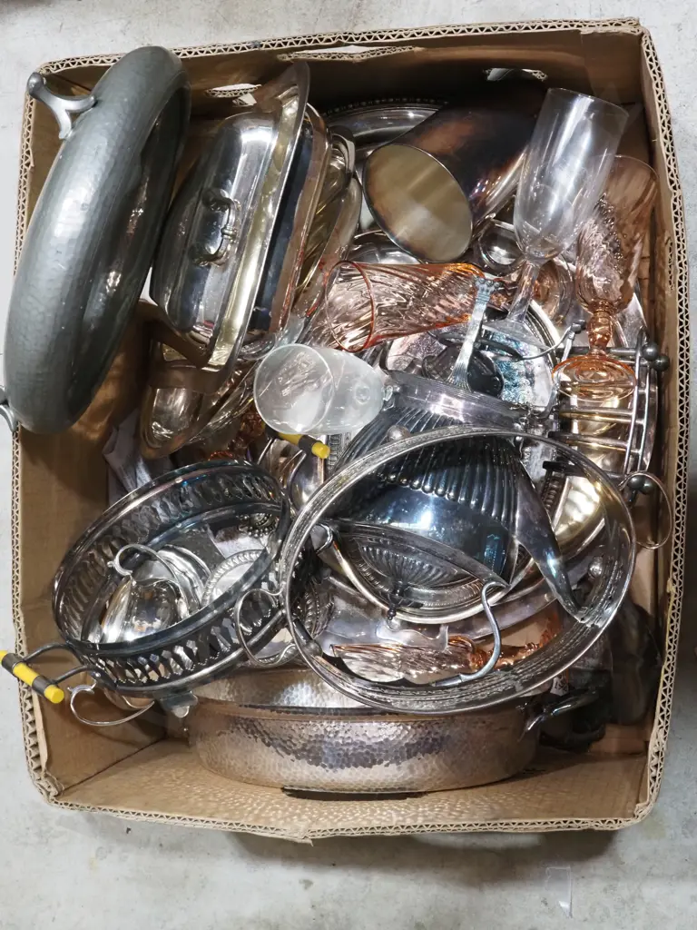 Quantity of Silver Plate Trays, Spirit Kettle, Toilet Jars. Pewter Bowl, & Stemmed Wine Glasses etc. Image 1++