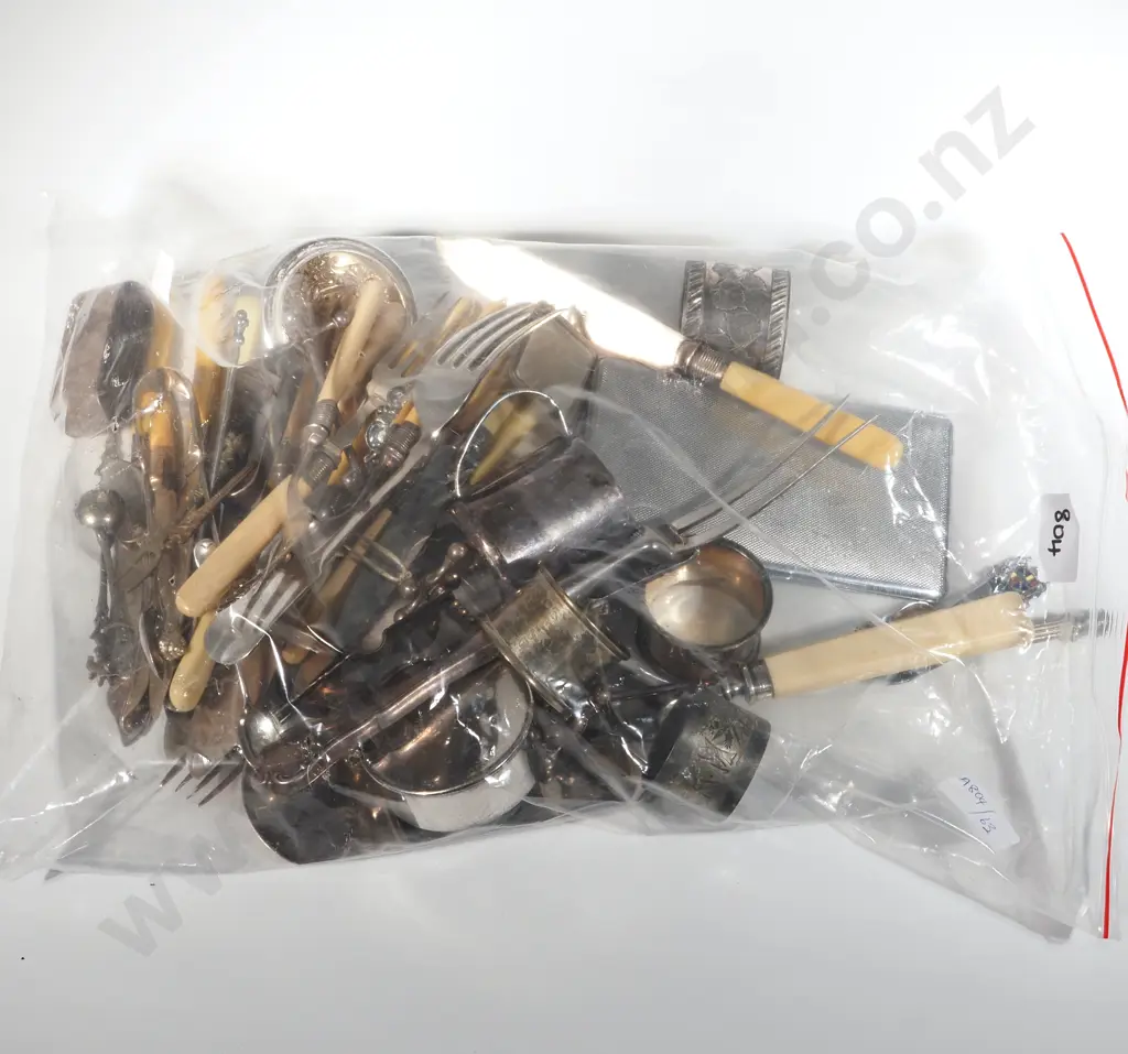 Bag Of Silver Plate Items Including Crumb Tray, Bone Handled Knives & Forks, Knife Rests, Napkin Rings, Candle Snuffer Image 1++