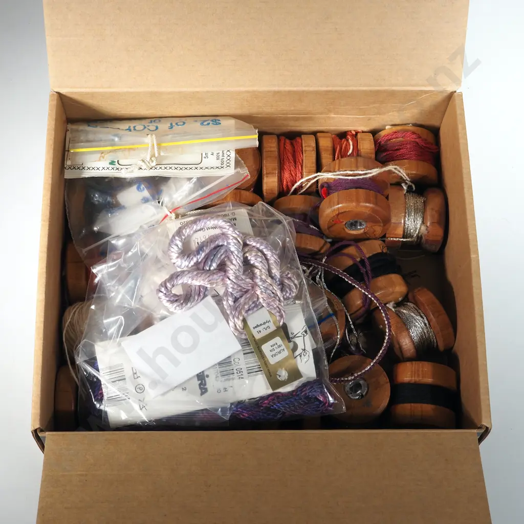 Box Containing Wooden Bobbins & Spools with Silk Thread Image 1++